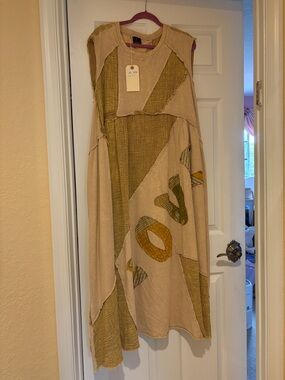 Patchwork Boho Sleeveless Maxi Dress in Beige and Mustard NWT